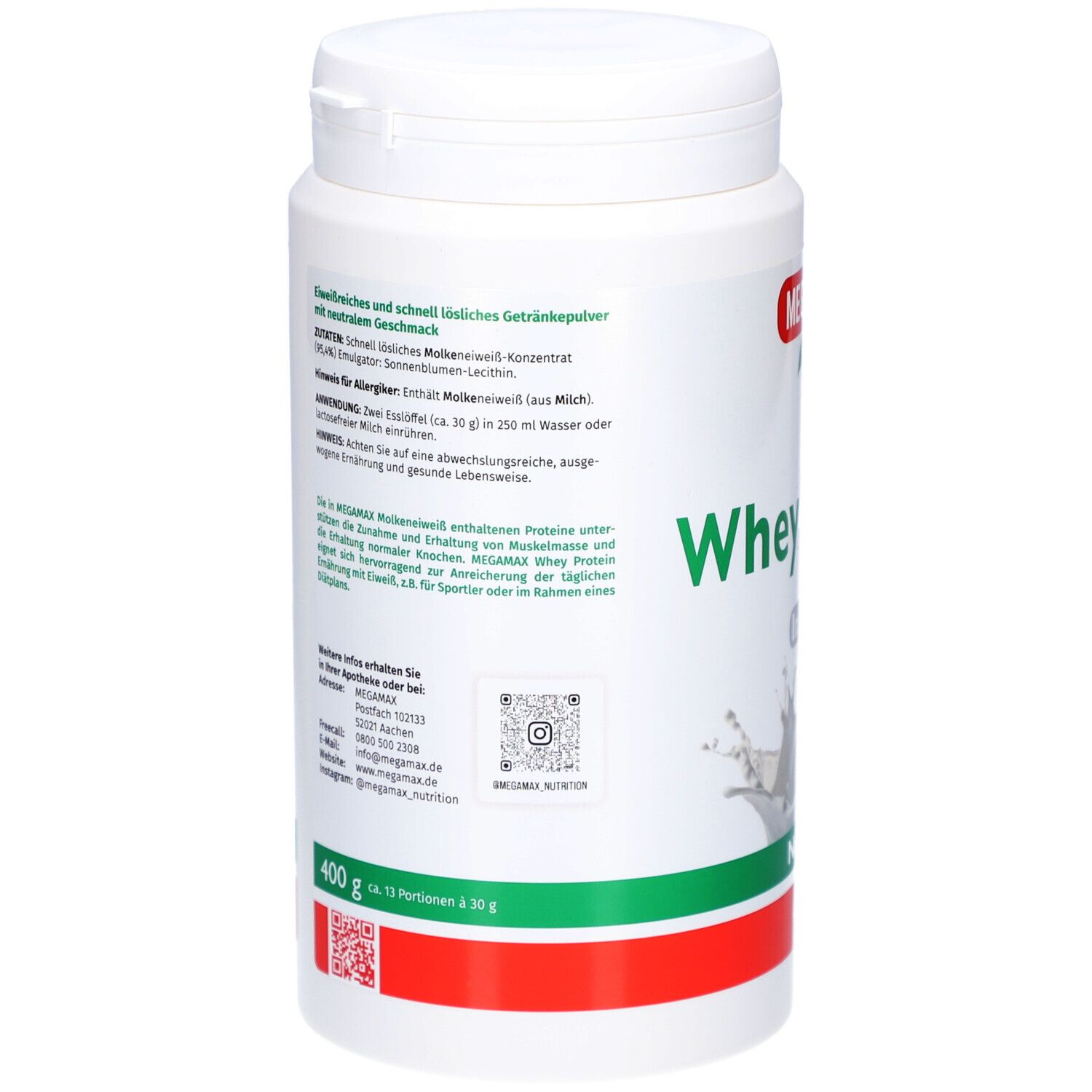 Rückseite des weißen Proteinpulver-Behälters. Text mit Zutaten, Nährwertangaben und Kontaktinformationen. Aufschrift: WheyProtein, 400g.