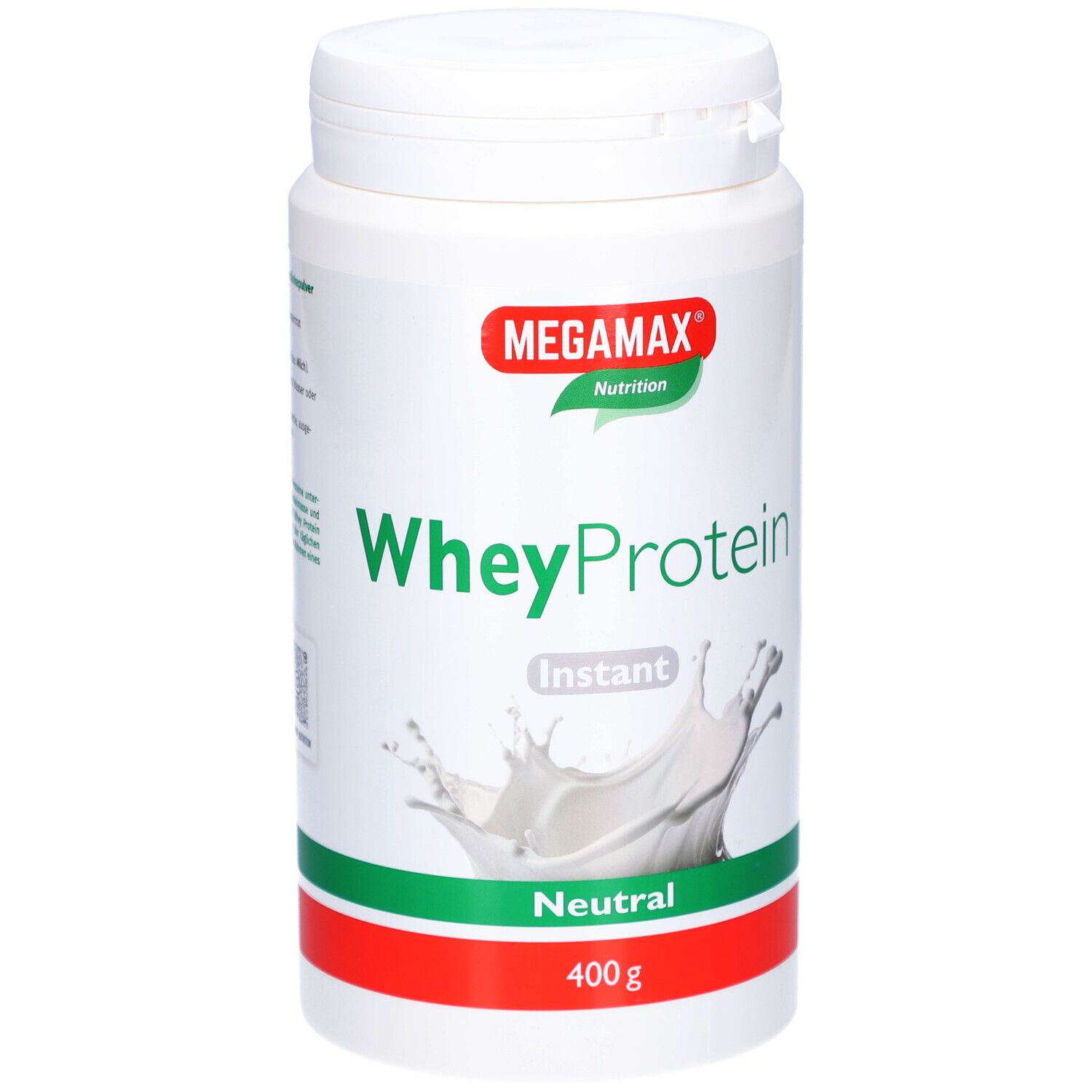 Weißer Proteinpulver-Behälter mit rotem und grünem Etikett. Aufschrift: WheyProtein, Instant, Neutral, 400g. Marke: Megamax Nutrition.