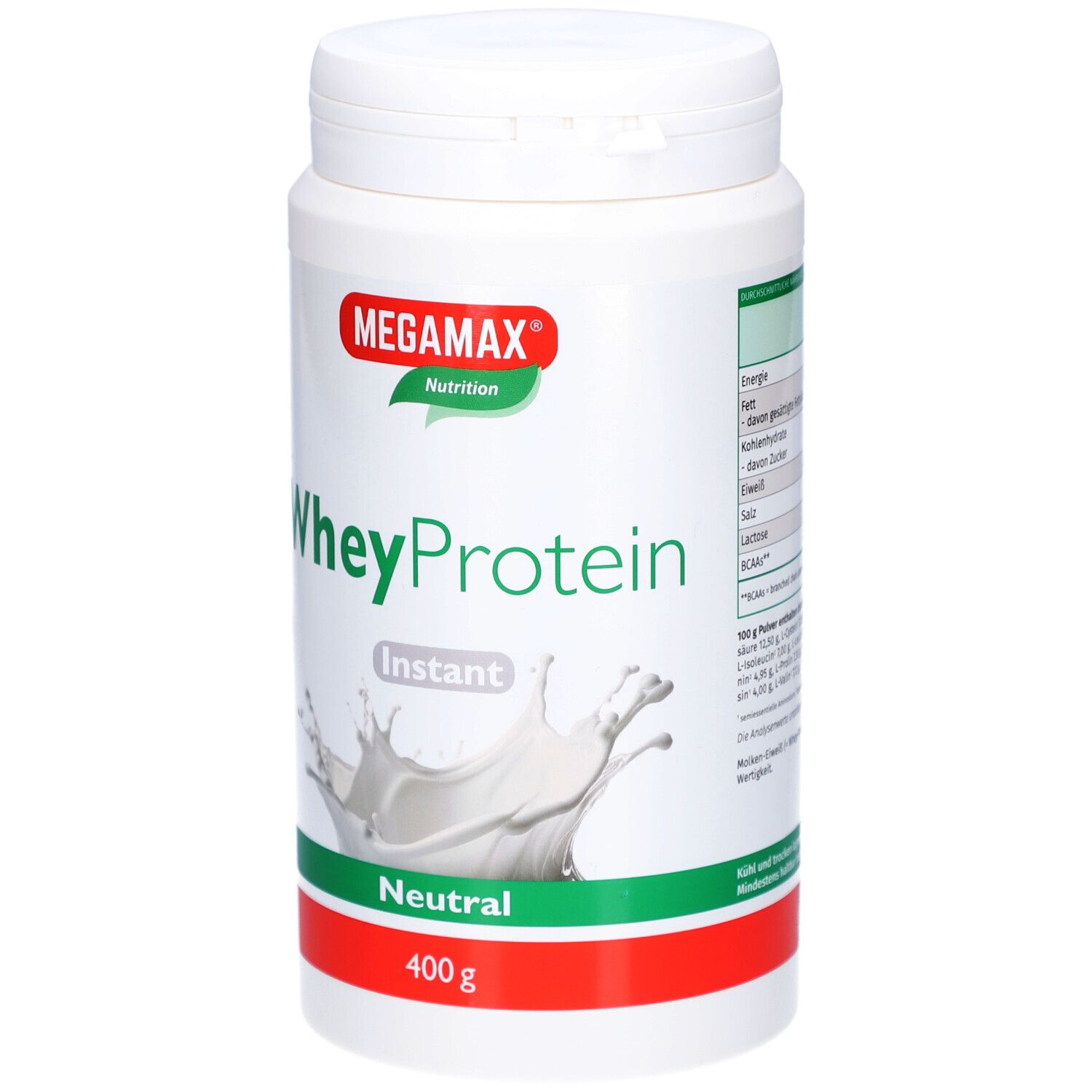 Weißer Proteinpulver-Behälter mit rotem und grünem Etikett. Aufschrift: WheyProtein, Instant, Neutral, 400g. Marke: Megamax Nutrition.