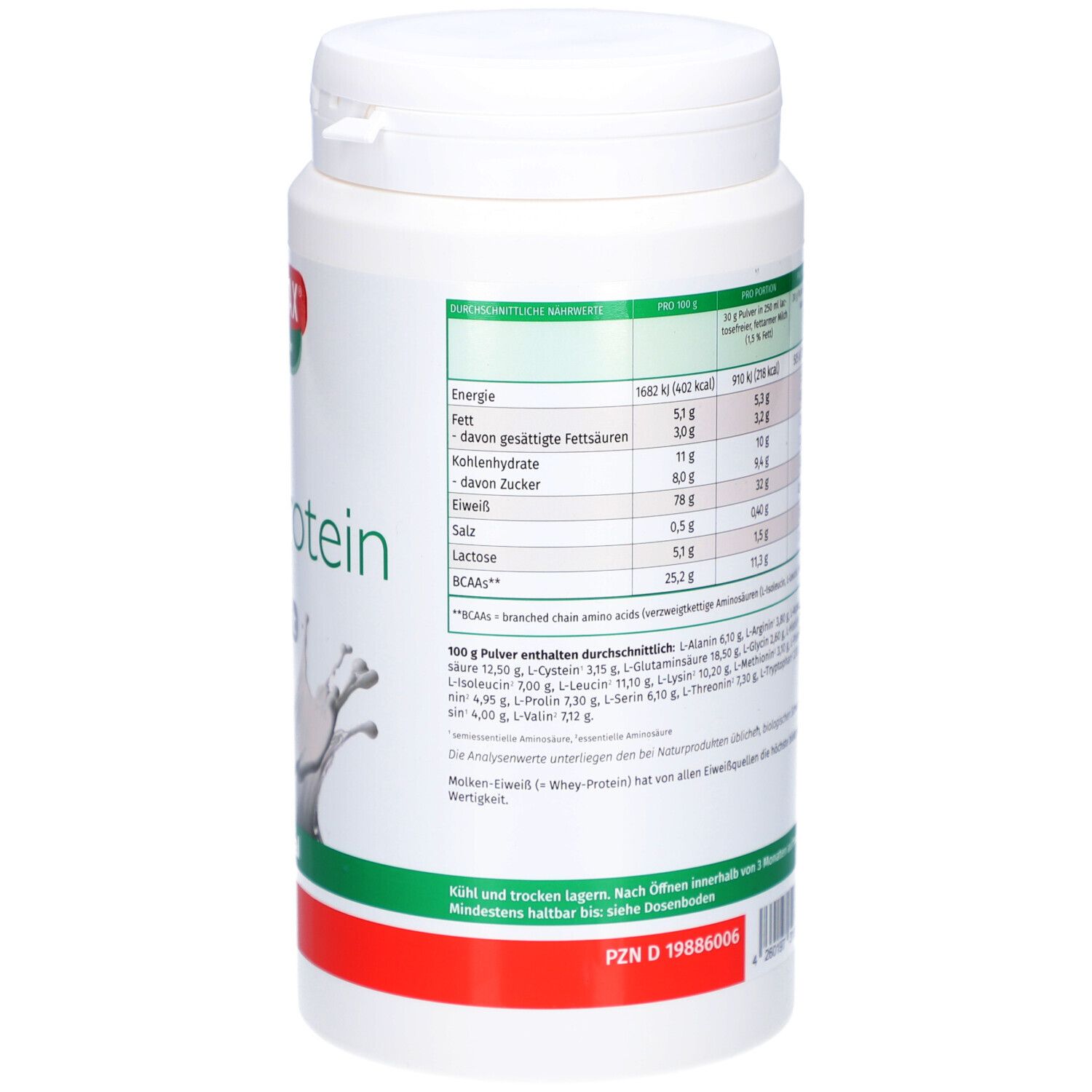 Rückseite des weißen Proteinpulver-Behälters. Nährwertangaben und Aminosäuren-Informationen. Aufschrift: WheyProtein, BCAA, 400g.