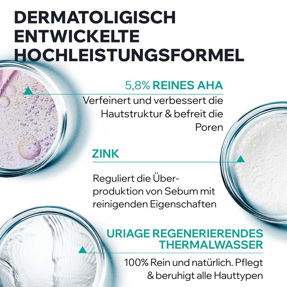 Grafik mit Inhaltsstoffen. Text: 5,8% reines AHA. Zink. Uriage Thermalwasser. 100% rein und natürlich.