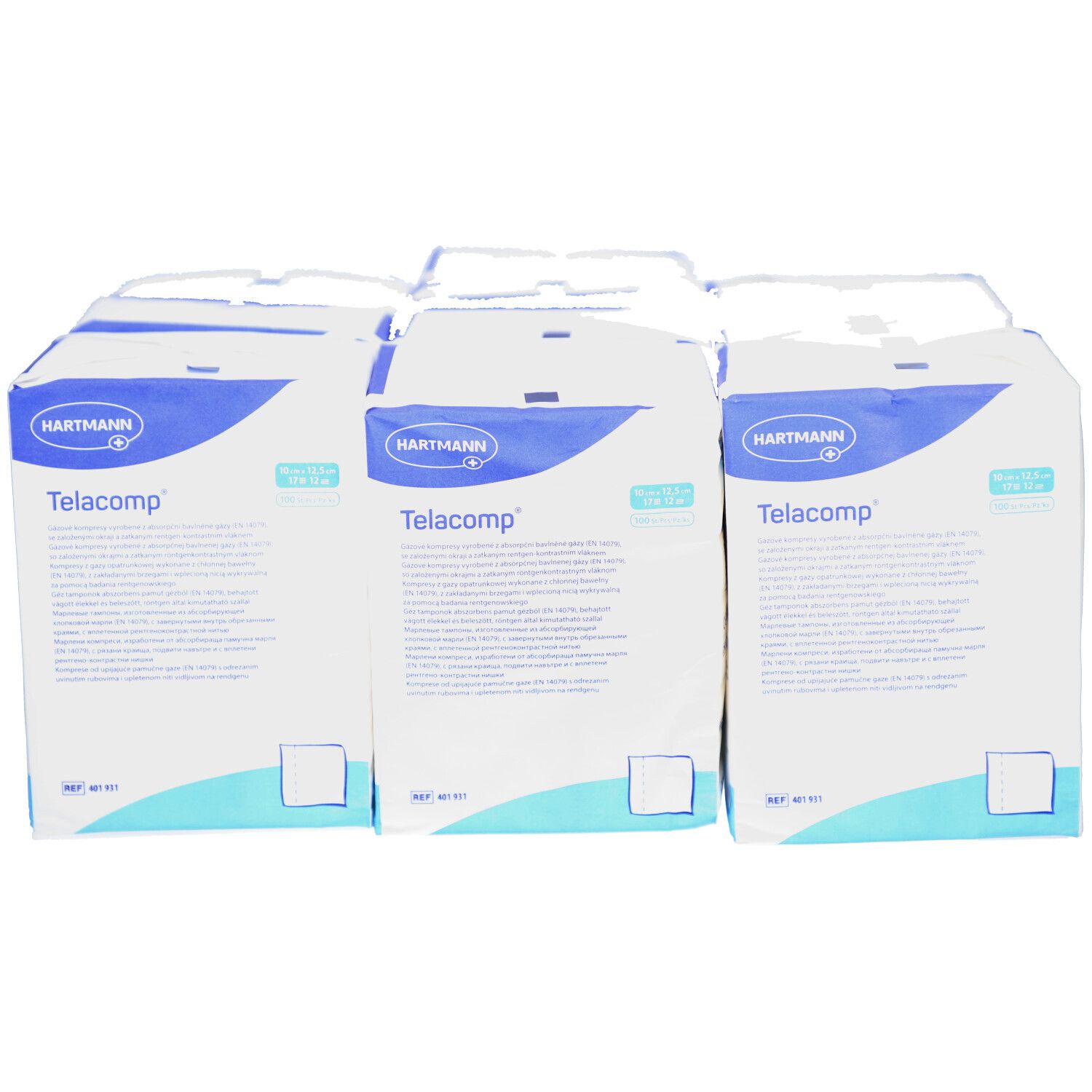 Mehrere Packungen Telacomp. Blaue und weiße Verpackung mit Produktinformationen. Hartmann-Logo oben links.