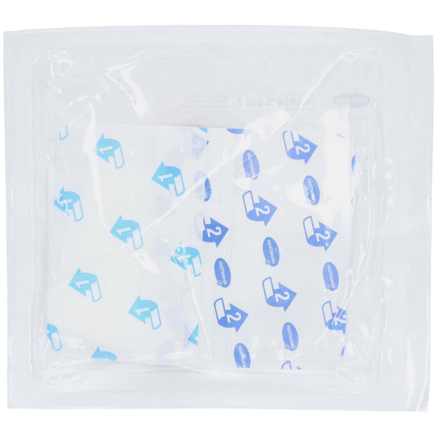 Verpackung mit zwei quadratischen Pflastern mit blauen Pfeilen und der Zahl 2. Durchsichtige Folie.