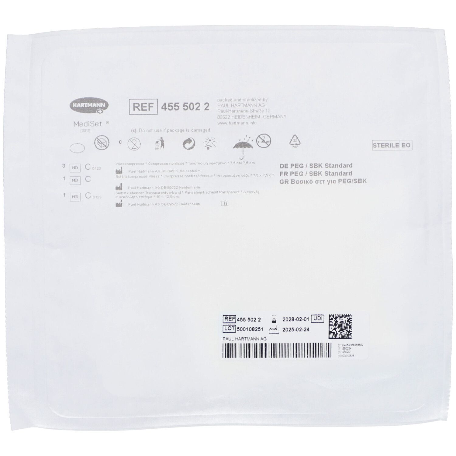 Verpackung mit Produktinformationen und dem Aufdruck 'STERILE EO'. Text in Deutsch, Französisch und Griechisch.
