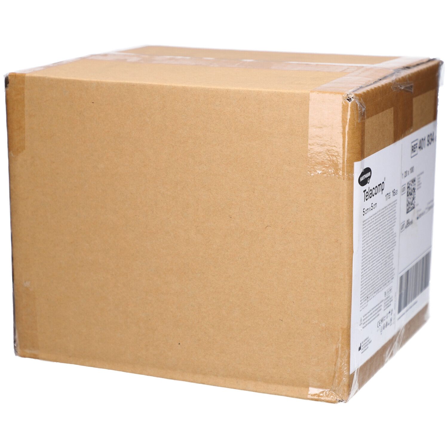 Geschlossener Karton. Auf der Seite sind Produktinformationen aufgedruckt, darunter Telacomp und 5 cm x 5 cm.