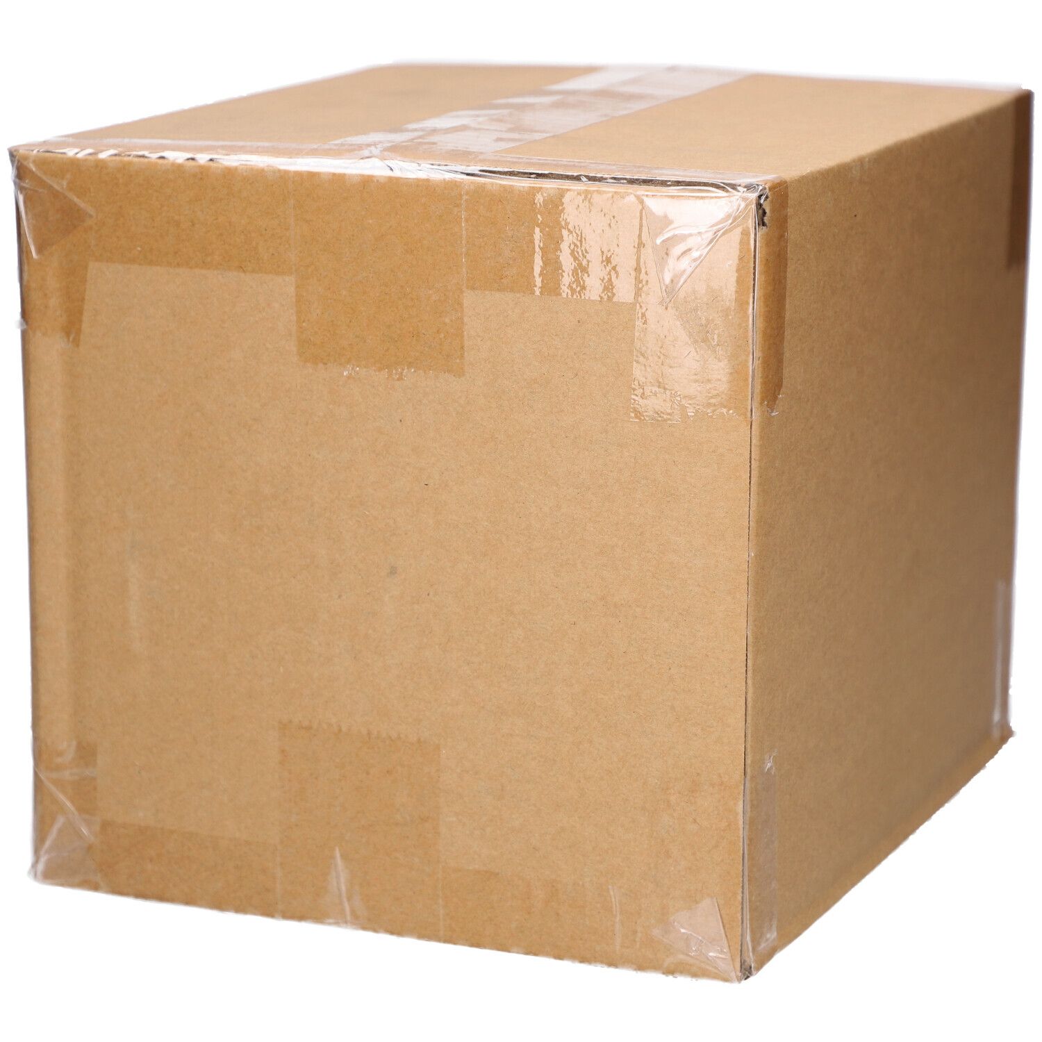 Geschlossener, quadratischer Karton, mit Klebeband verschlossen.