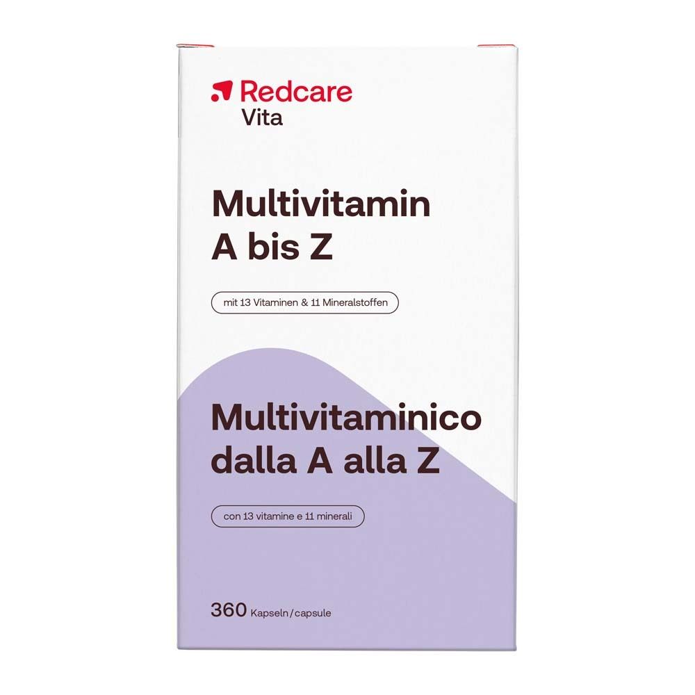 Weißer Karton mit „Redcare Vita Multivitamin A bis Z“. Enthält 360 Kapseln. Aufschrift in Deutsch und Italienisch.
