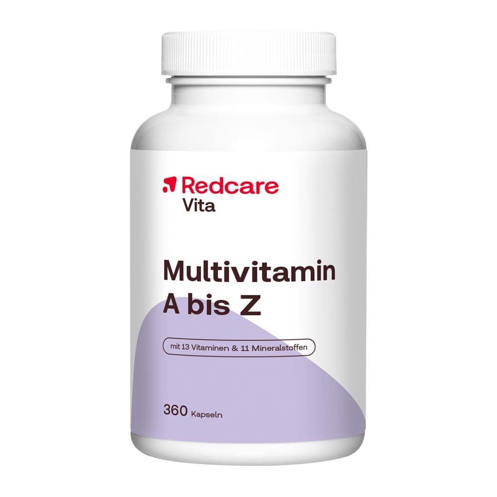 Weiße Flasche mit „Redcare Vita Multivitamin A bis Z“. Enthält 360 Kapseln. Weißer Deckel.