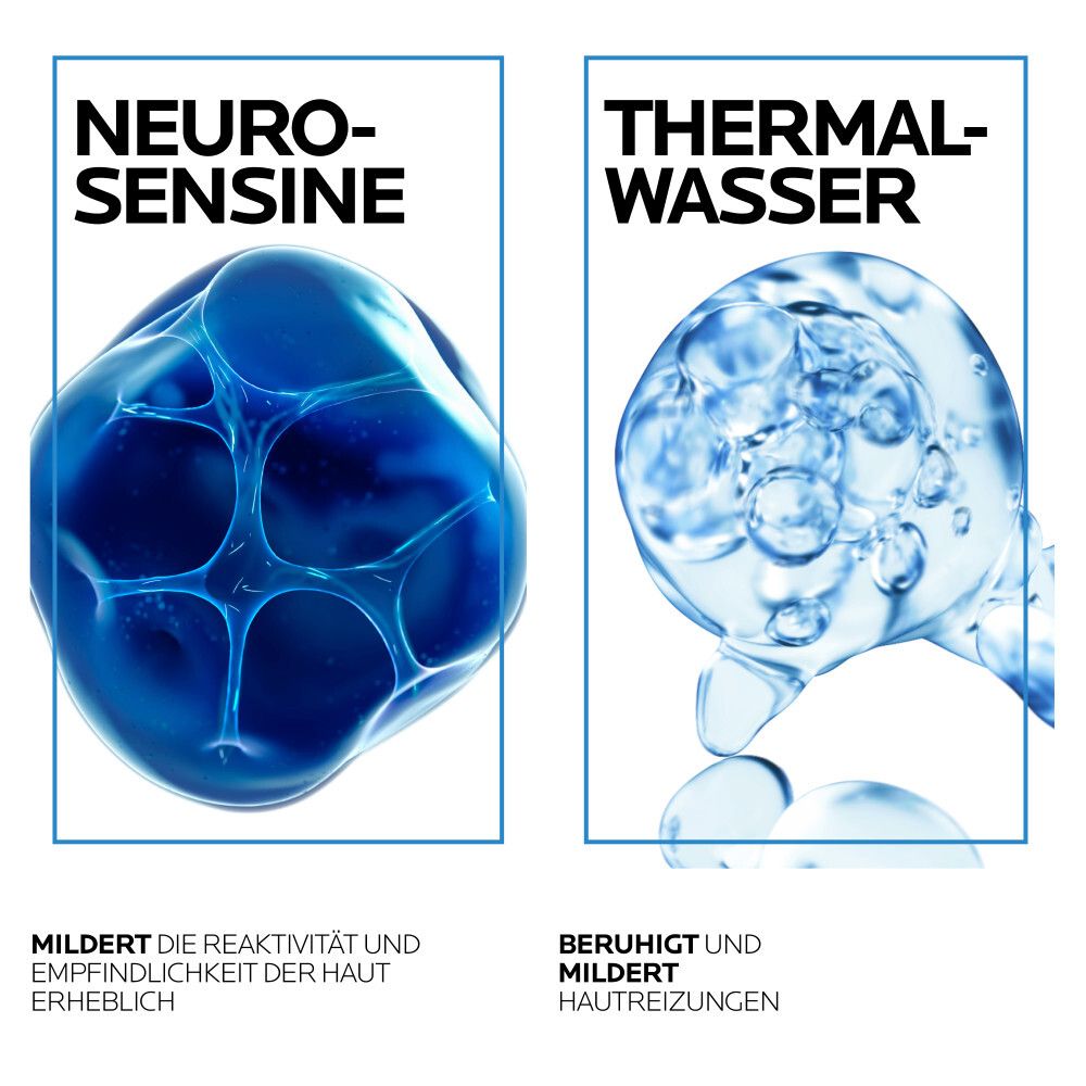 Grafik mit zwei Elementen: Neurosensine und Thermalwasser. Beschriftung: Mildert Reaktivität, beruhigt Haut.