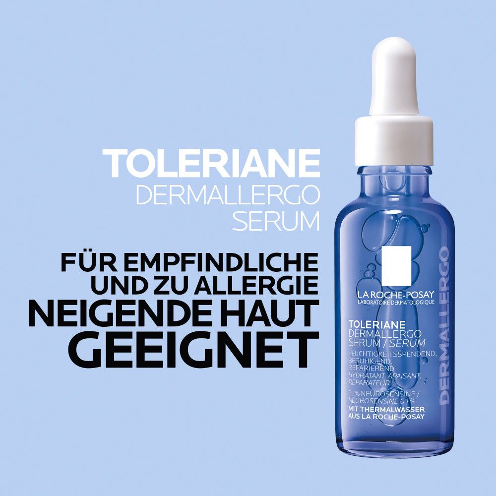 Blaues Serumfläschchen. Aufschrift: Toleriane Dermallergo Serum. Geeignet für empfindliche und zu Allergie neigende Haut.