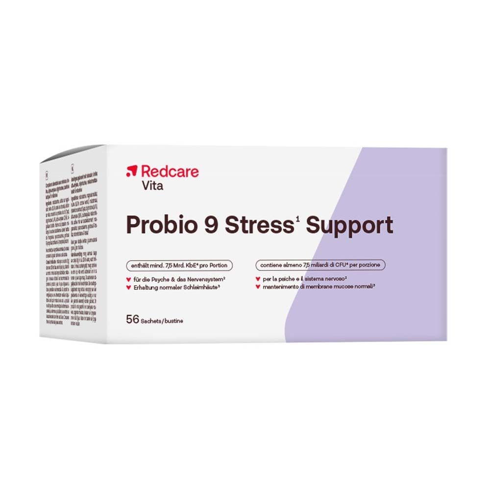 Schachtel mit Redcare Vita Probio 9 Stress¹ Support. 56 Sachets. Aufschrift: enthält mind. 7,5 Mrd. KBE pro Portion.