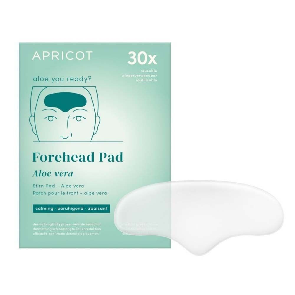 Verpackung mit Stirn Pad. Marke APRICOT. Text: Forehead Pad Aloe vera. 30x. Wiederverwendbar. Beruhigend.