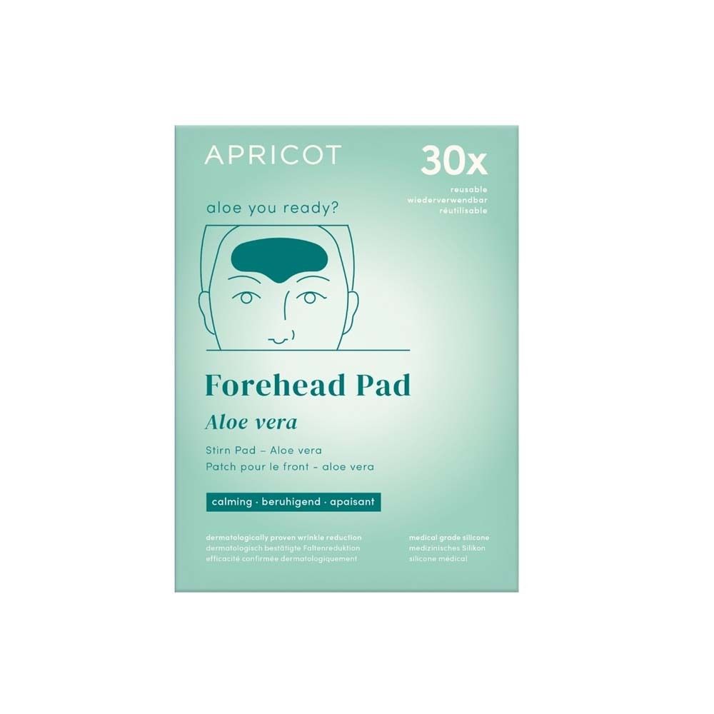 Verpackung mit Stirn Pad. Marke APRICOT. Text: Forehead Pad Aloe vera. 30x. Wiederverwendbar. Beruhigend.