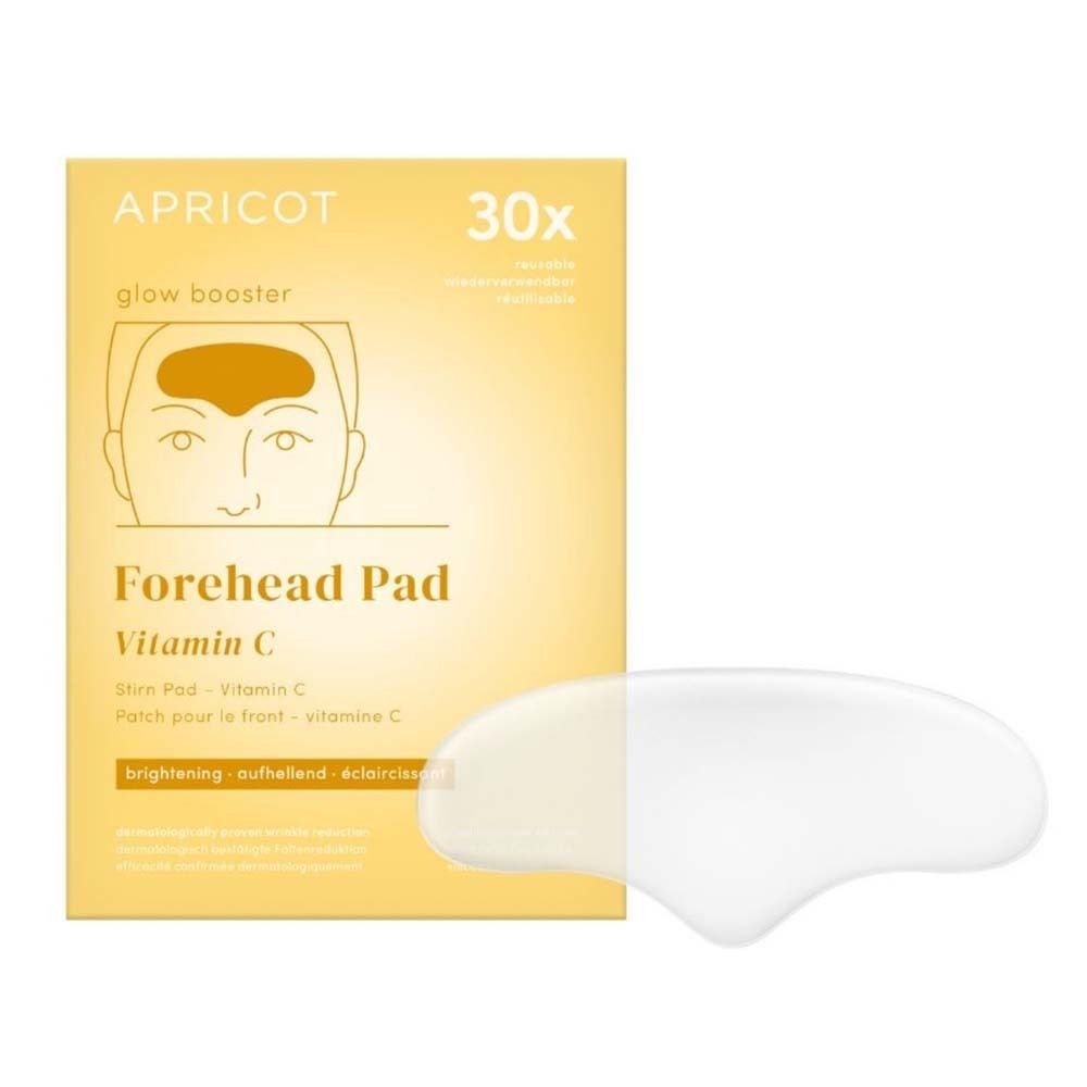 Stirn Pad mit Vitamin C. Verpackung und Pad. Gelb-weiße Verpackung, Pad daneben. Text: APRICOT, Forehead Pad, 30x.