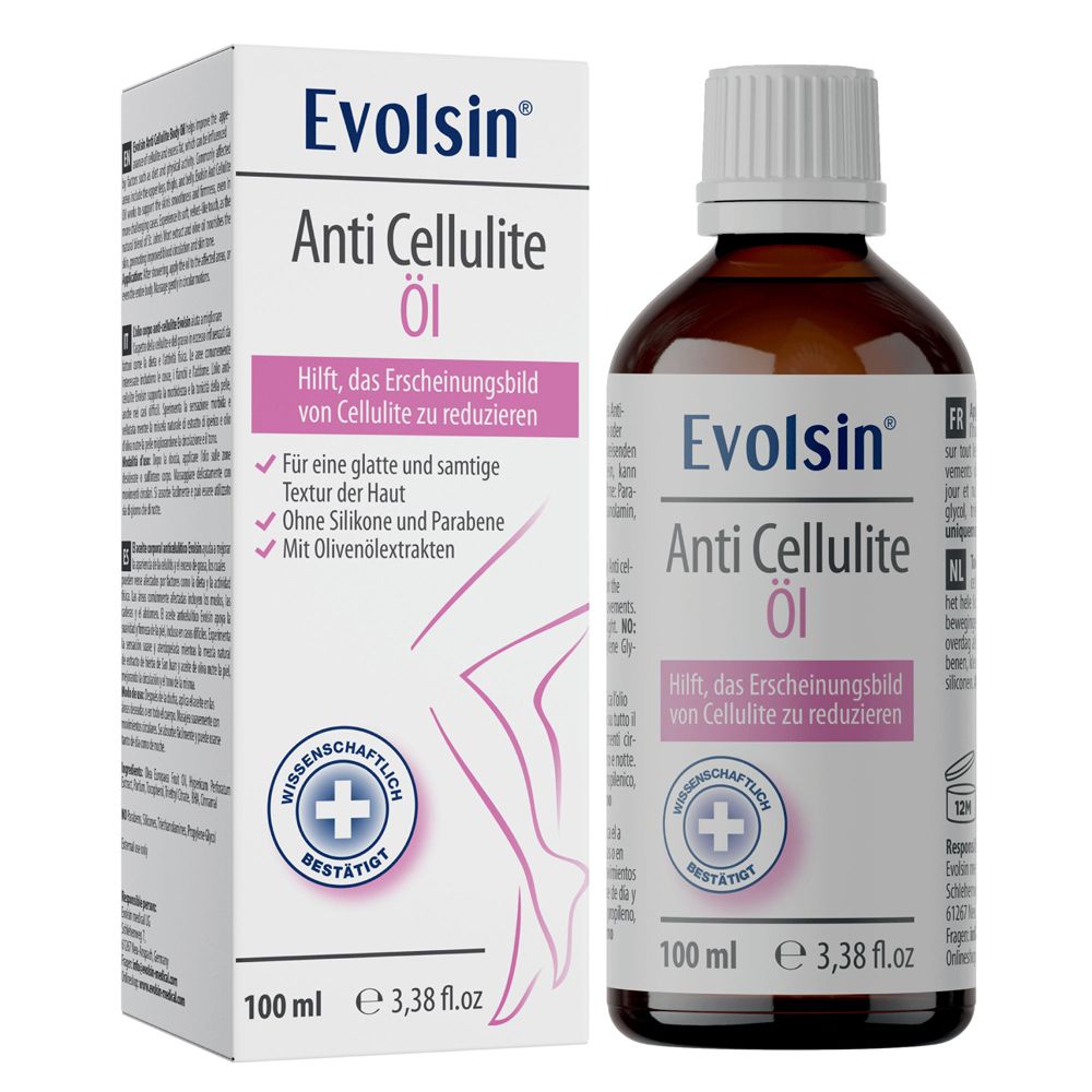 Evolsin Anti Cellulite Öl Flasche und Karton, 100 ml.