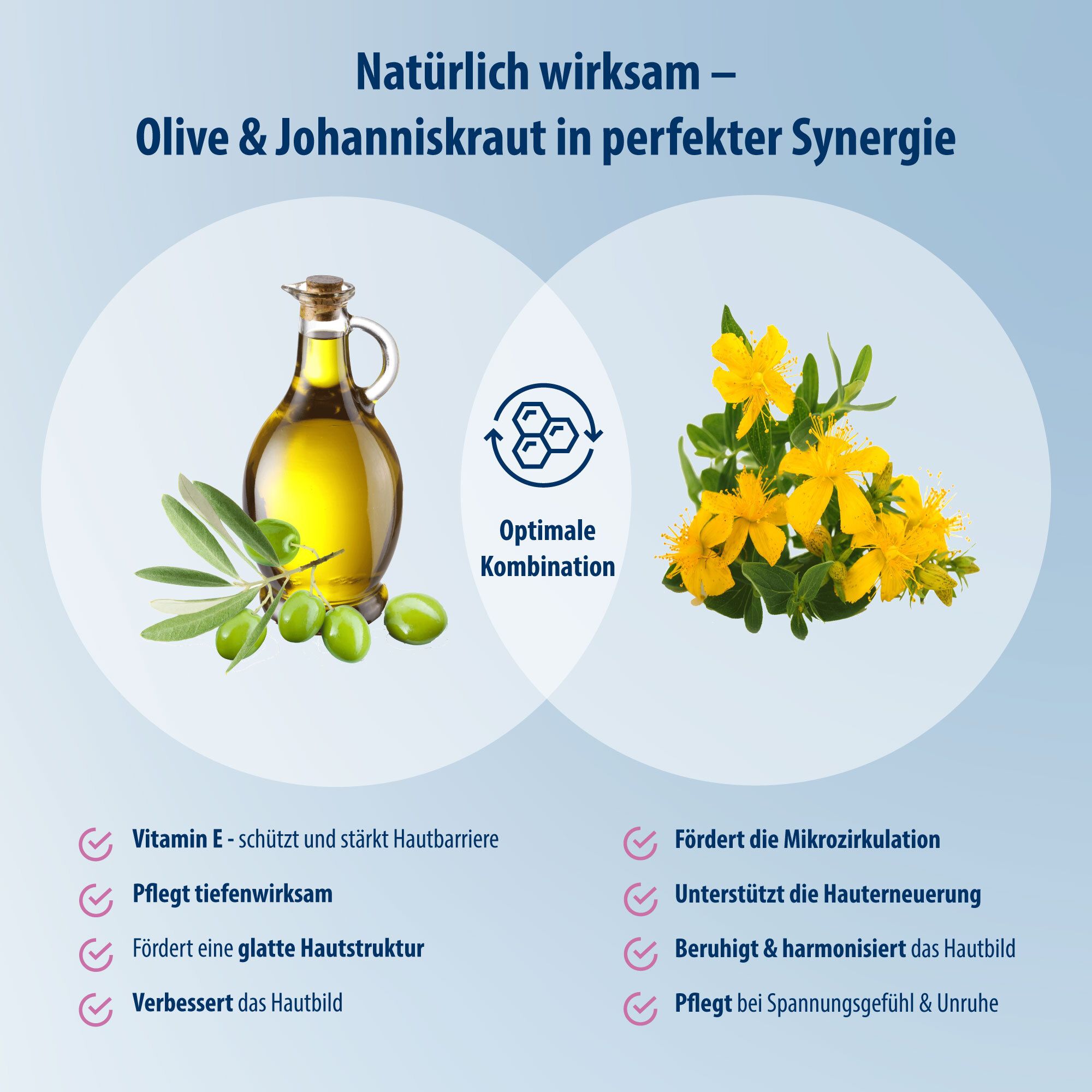 Infografik mit Olivenöl und Johanniskraut. Zeigt Vorteile: Vitamin E, glatte Haut, verbessert Hautbild, fördert Zirkulation.