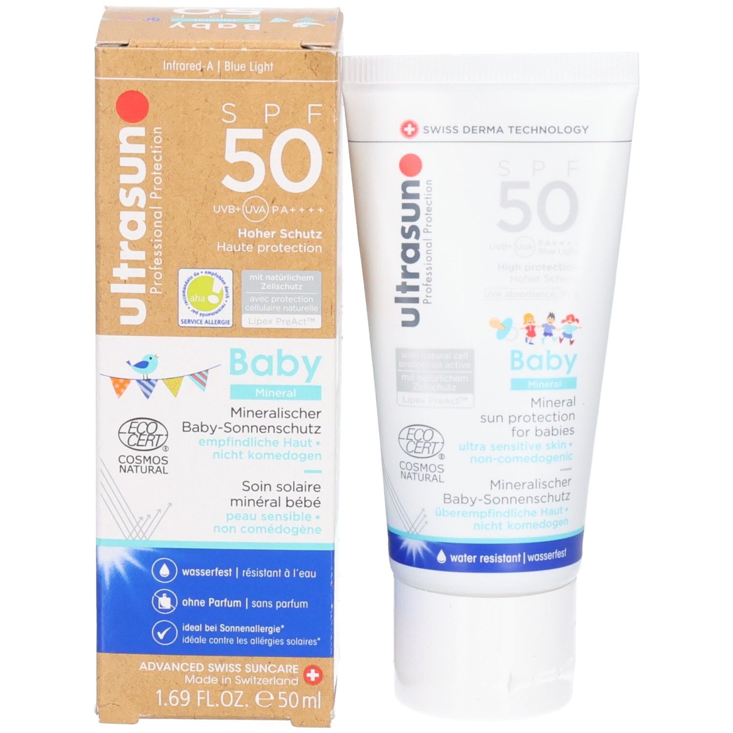 Produktverpackung mit Tube und Karton. Aufschrift: ultrasun, Baby, SPF 50. COSMOS NATURAL-Zertifizierung.