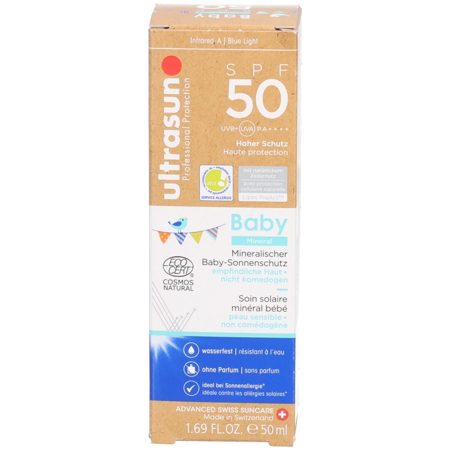 Kartonverpackung. Aufschrift: ultrasun, Baby, SPF 50. COSMOS NATURAL-Zertifizierung. Inhaltsstoffe und Text.