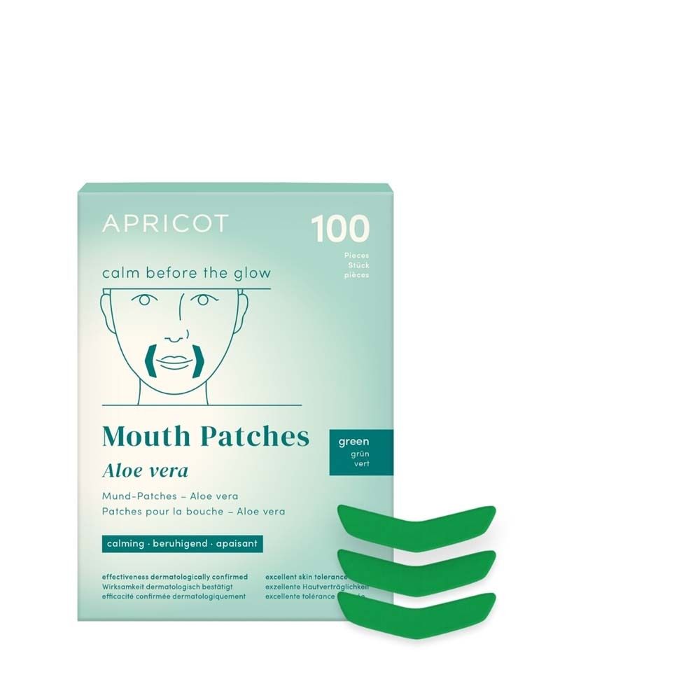Verpackung mit APRICOT Mund-Patches mit Aloe Vera. 100 Stück. Grün. Aufdruck: Mouth Patches, Aloe Vera.