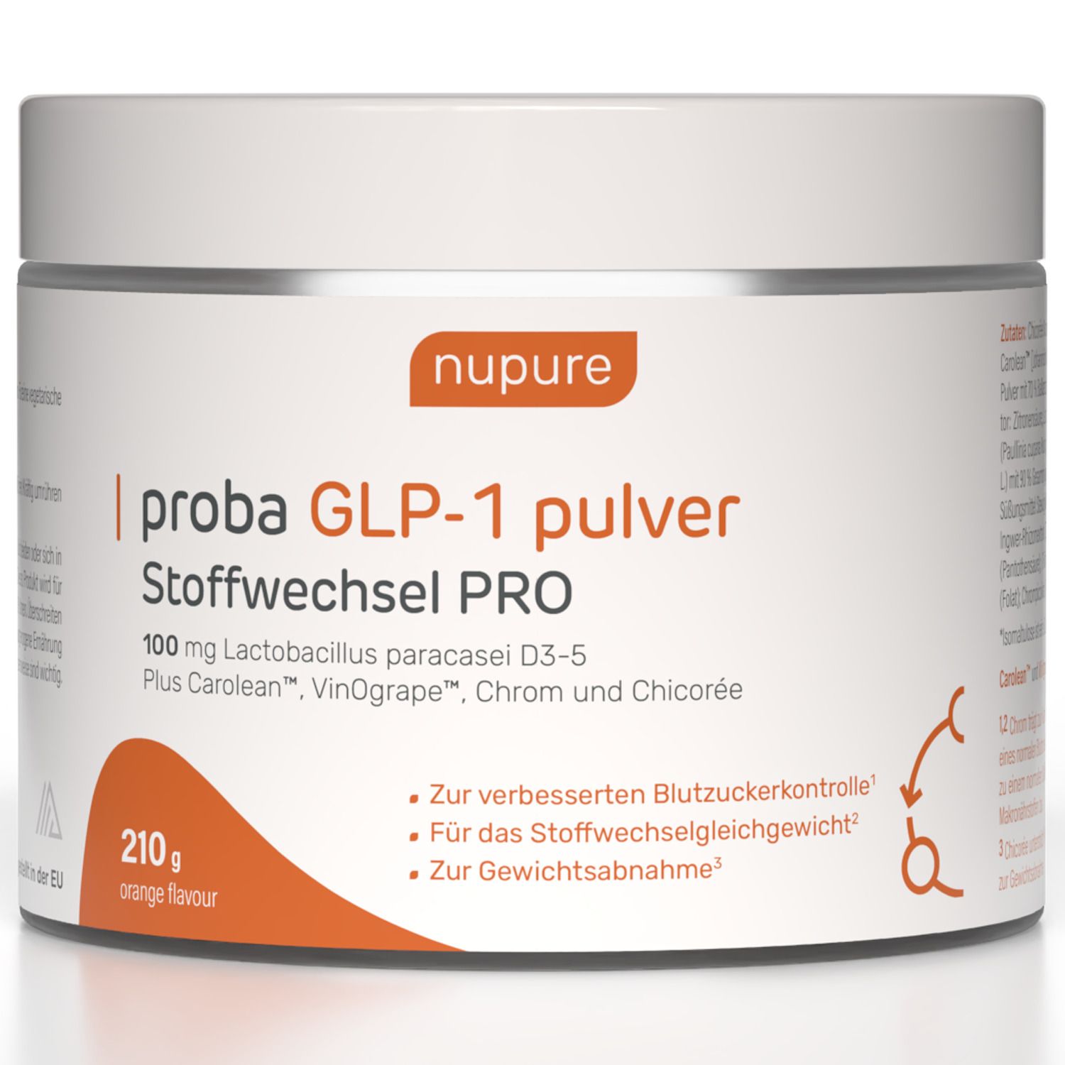 Weißer Behälter mit Produktaufdruck. Orangefarbener Bereich mit Produktnamen und Inhaltsangaben. Marke: nupure.