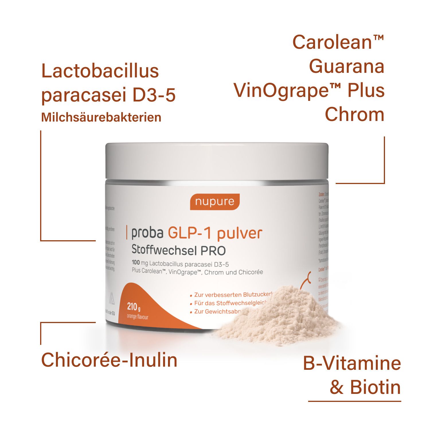 Produktbehälter mit Inhaltsstoffen. Text mit Inhaltsstoffen wie Lactobacillus paracasei D3-5, Carolean, VinOgrape, Chrom, Chicorée-Inulin.