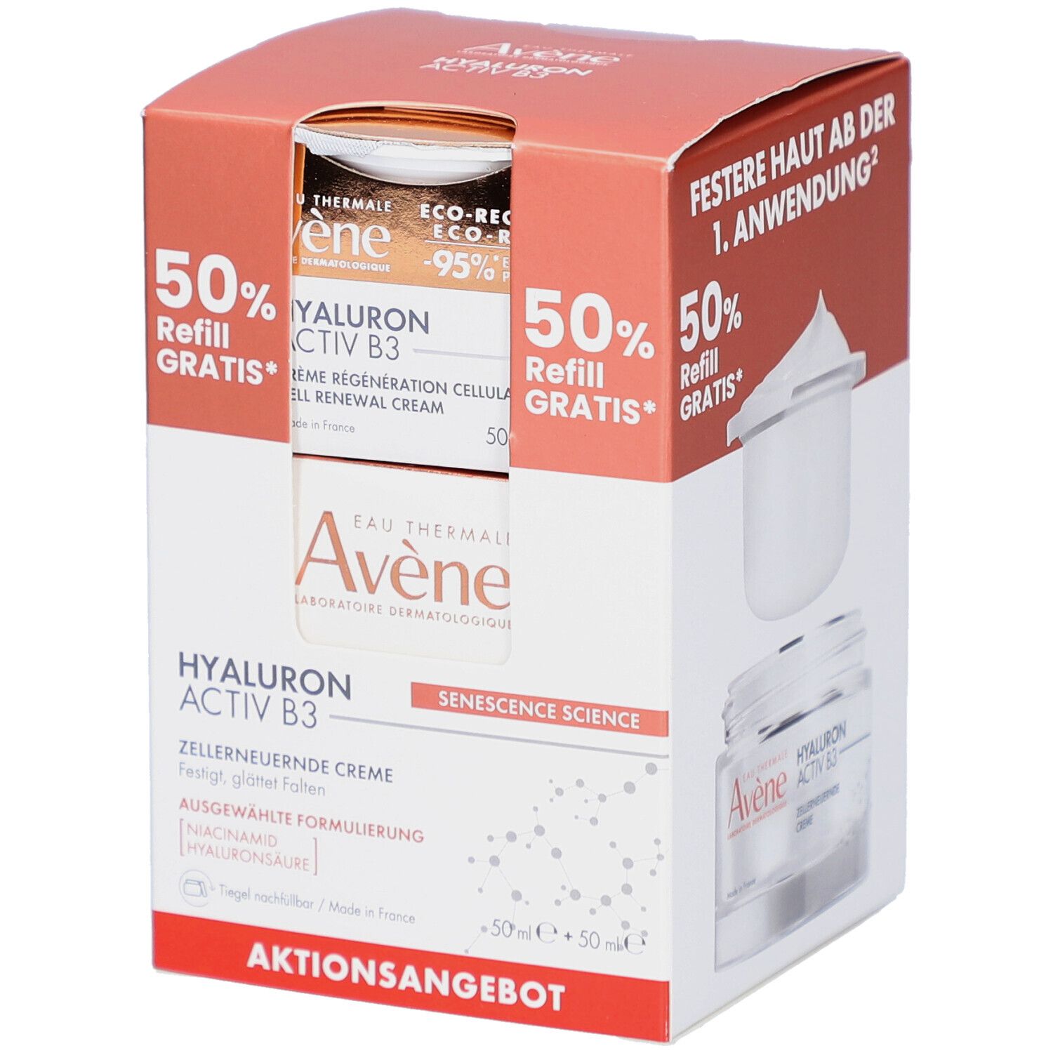 Verpackung mit AVENE Hyaluron Activ B3 Creme und Nachfüllpack. Text: 50% Refill gratis. Produktabbildung und Text.