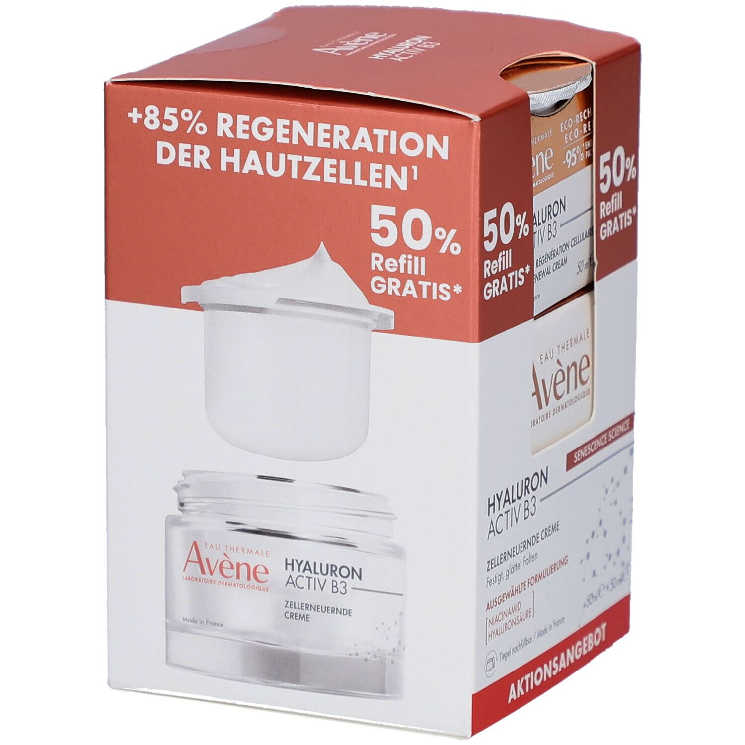 Verpackung mit AVENE Hyaluron Activ B3 Creme und Nachfüllpack. Text: +85% Regeneration der Hautzellen. Produktabbildung.