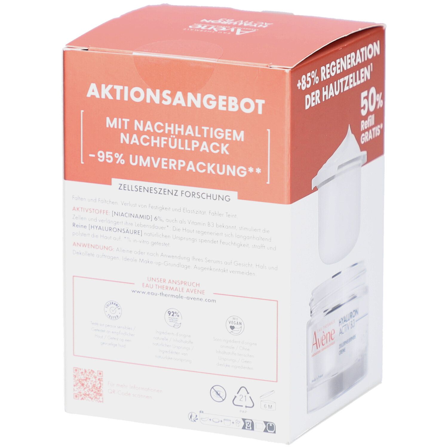 Verpackung AVENE Hyaluron Activ B3 Creme. Text: Aktionsangebot, mit nachhaltigem Nachfüllpack. Produktabbildung und Text.