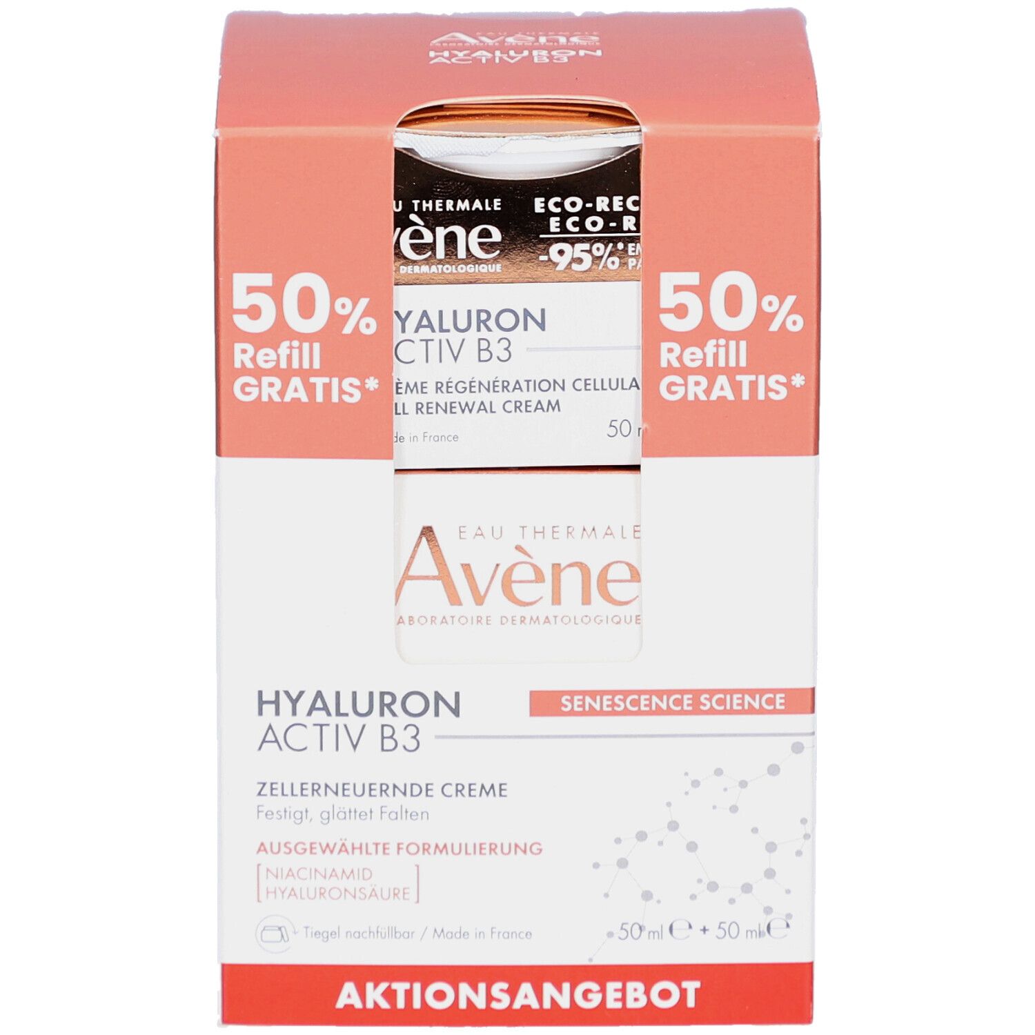 Verpackung mit AVENE Hyaluron Activ B3 Creme und Nachfüllpack. Text: 50% Refill gratis. Produktabbildung und Text.