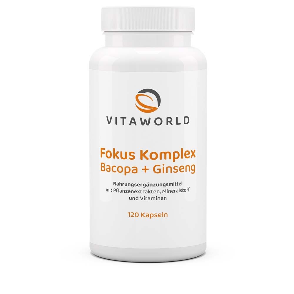 Weiße Flasche mit VitaWorld Fokus Komplex. Aufschrift: Bacopa + Ginseng, 120 Kapseln. Nahrungsergänzungsmittel.