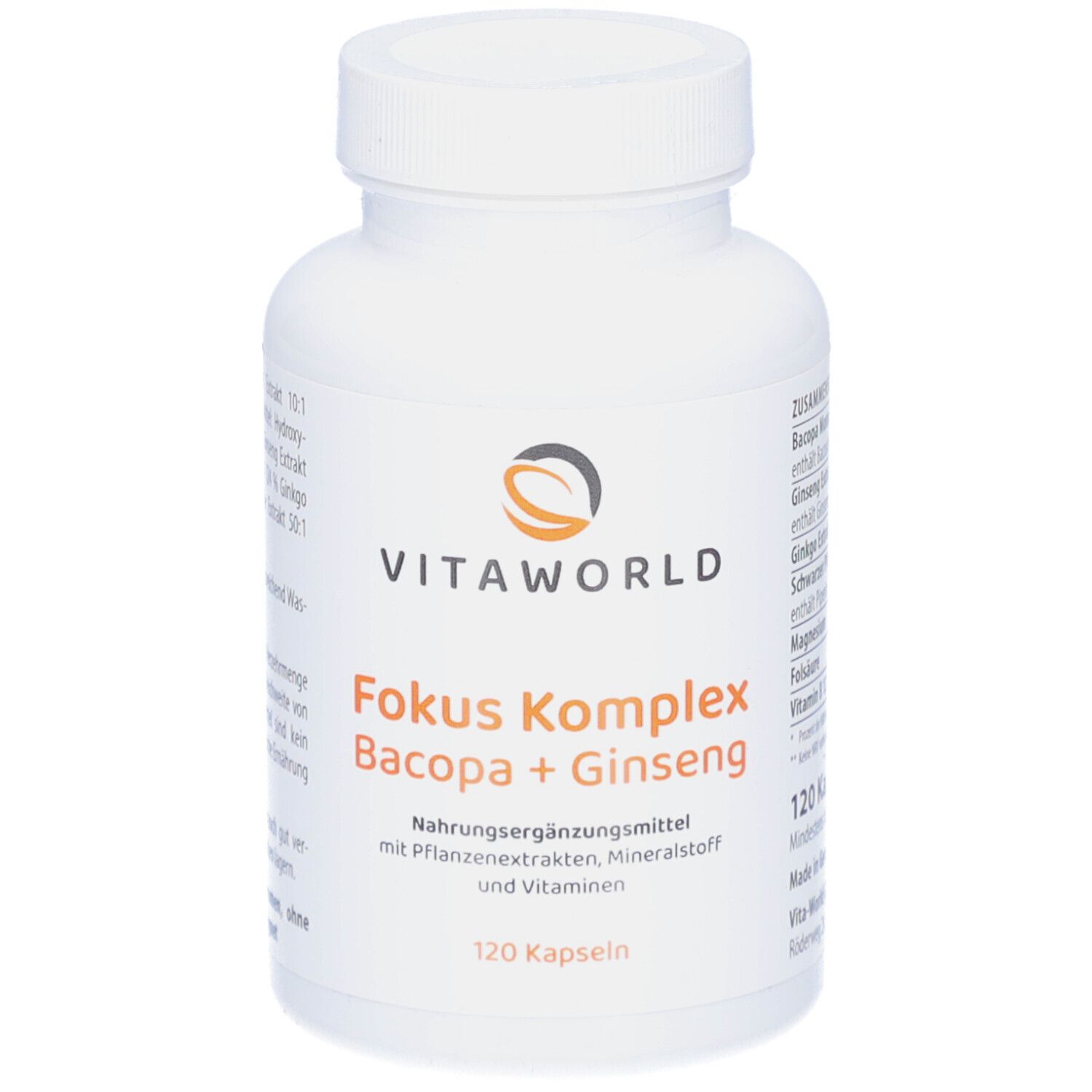 Weiße Flasche mit "VITAWORLD" und "Fokus Komplex Bacopa + Ginseng" Aufschrift. 120 Kapseln.