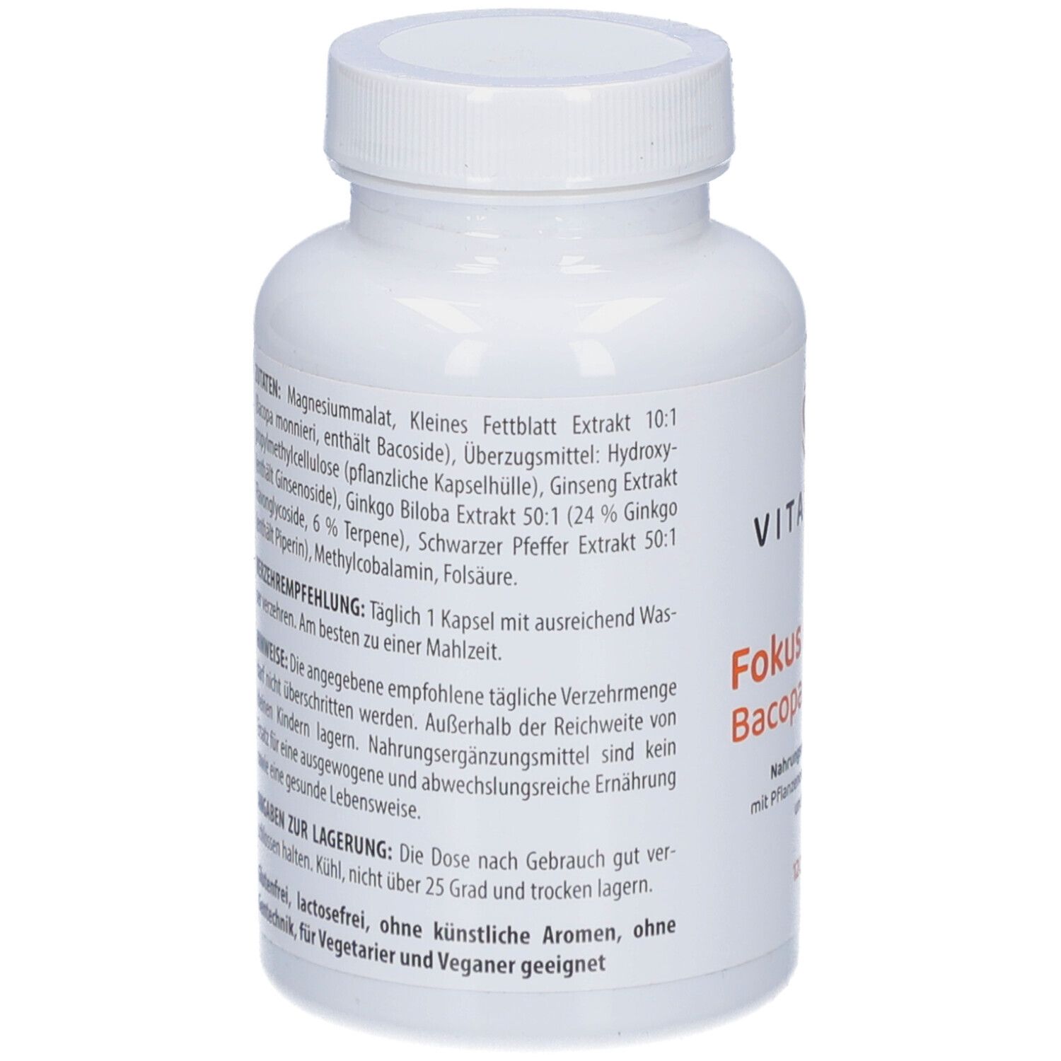 Rückseite der weißen Flasche mit Inhaltsstoffen und Anwendungshinweisen. Text in deutscher Sprache.