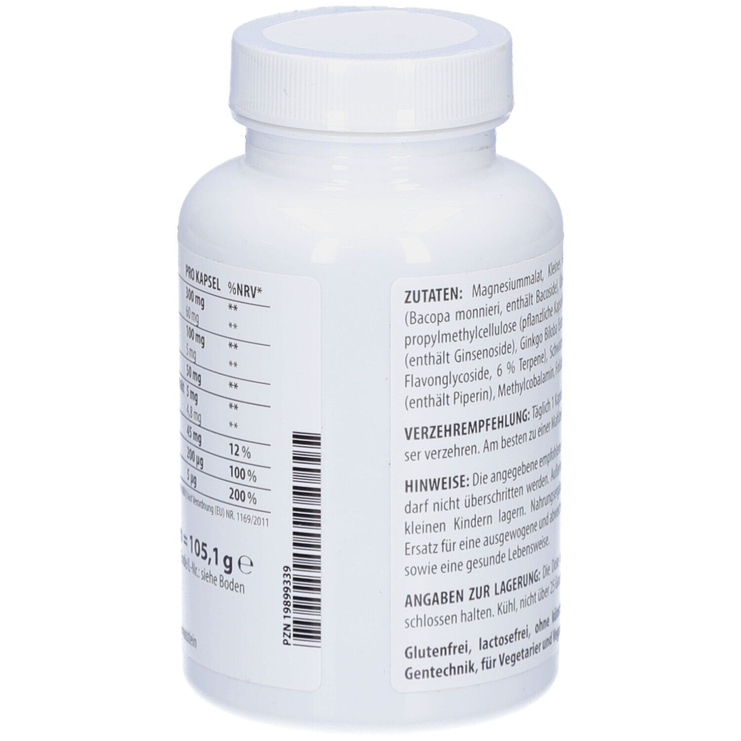 Rückseite der weißen Flasche mit Nährwertangaben und weiteren Informationen. Text in deutscher Sprache.