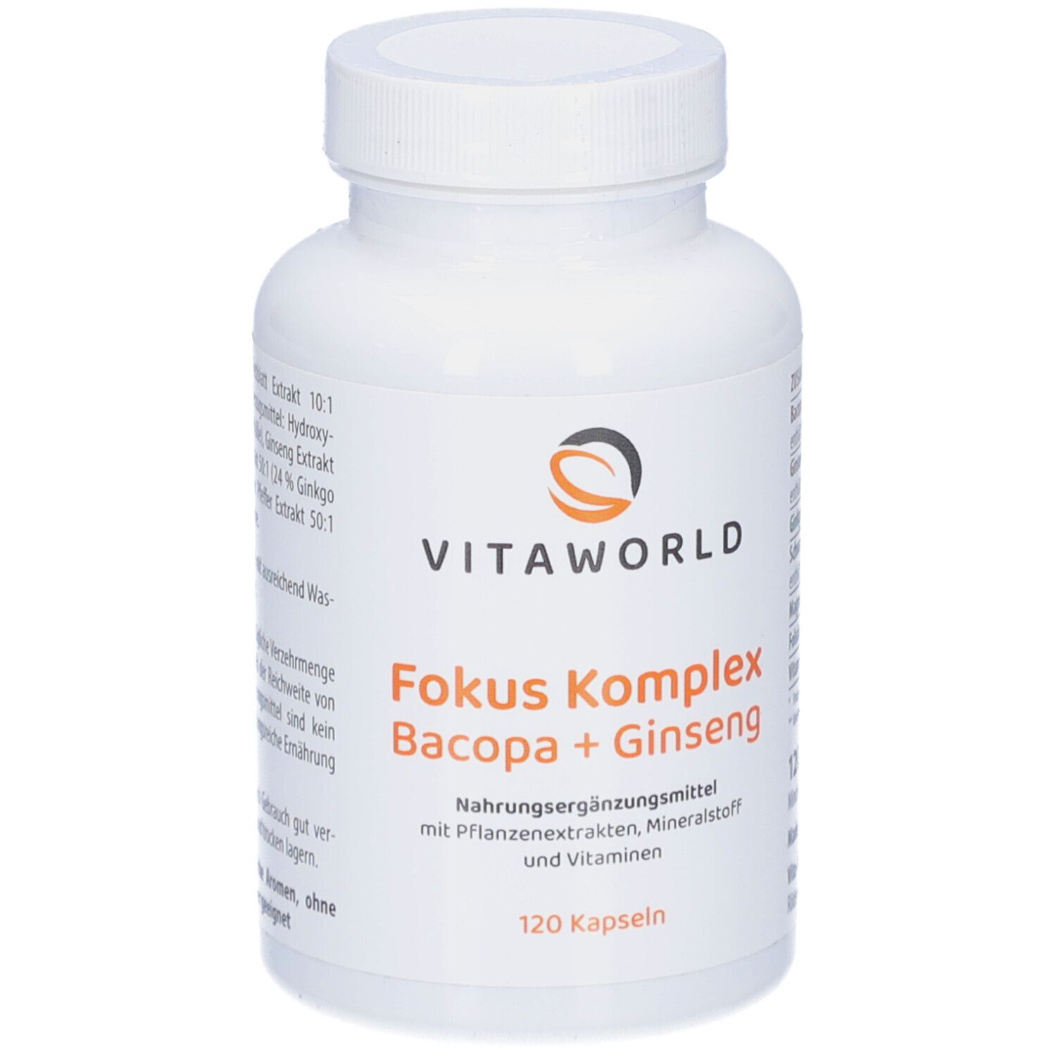 Weiße Flasche mit "VITAWORLD" und "Fokus Komplex Bacopa + Ginseng" Aufschrift. 120 Kapseln.