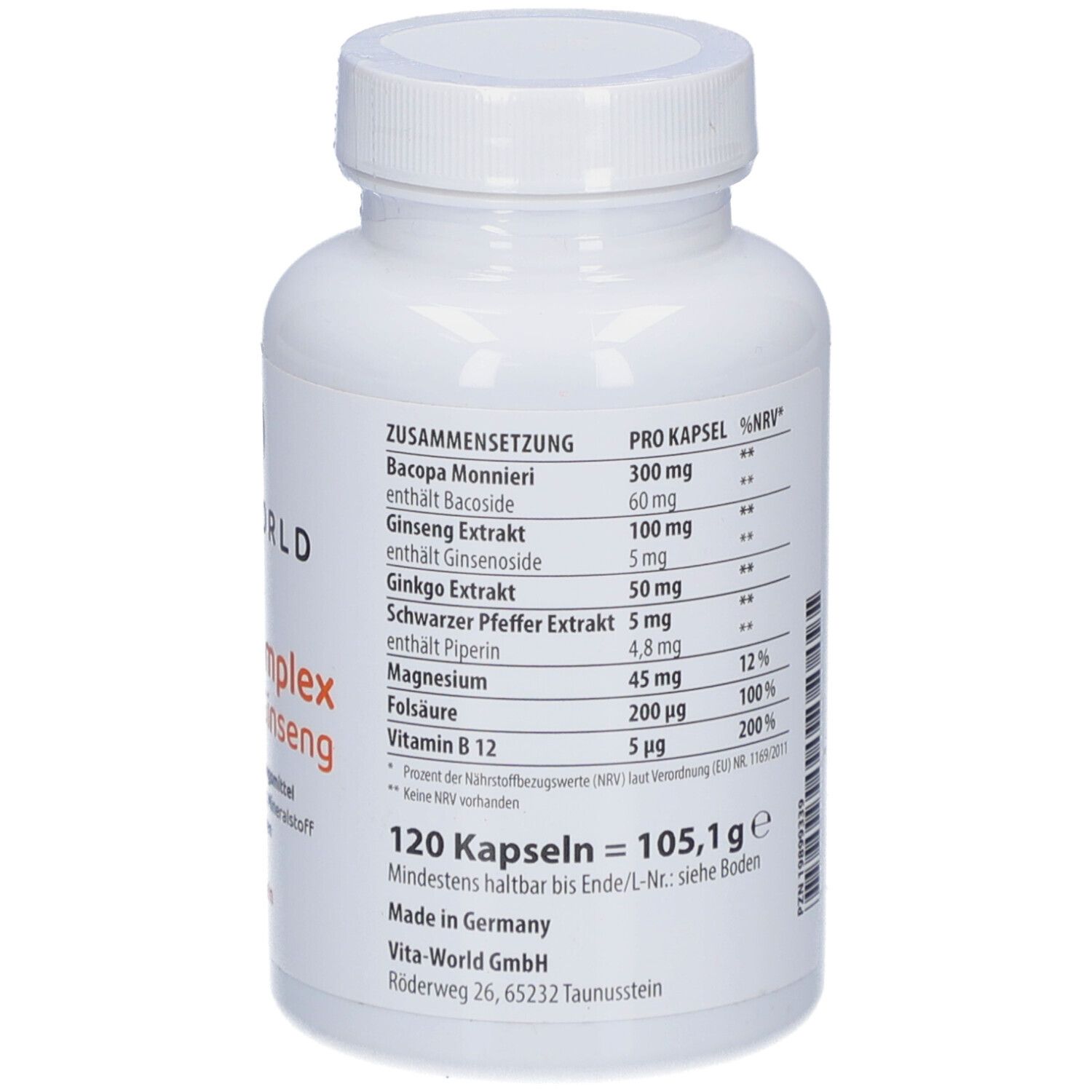 Rückseite der weißen Flasche mit Inhaltsstoffen und Nährwertangaben. Text in deutscher Sprache.