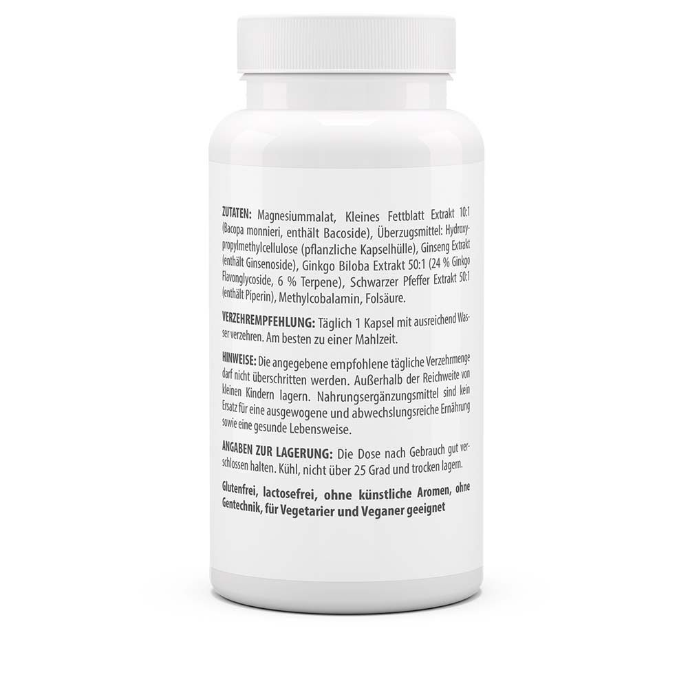 Rückseite der weißen Flasche. Zutatenliste und Verzehrempfehlung für VitaWorld Fokus Komplex. Glutenfrei, vegan.