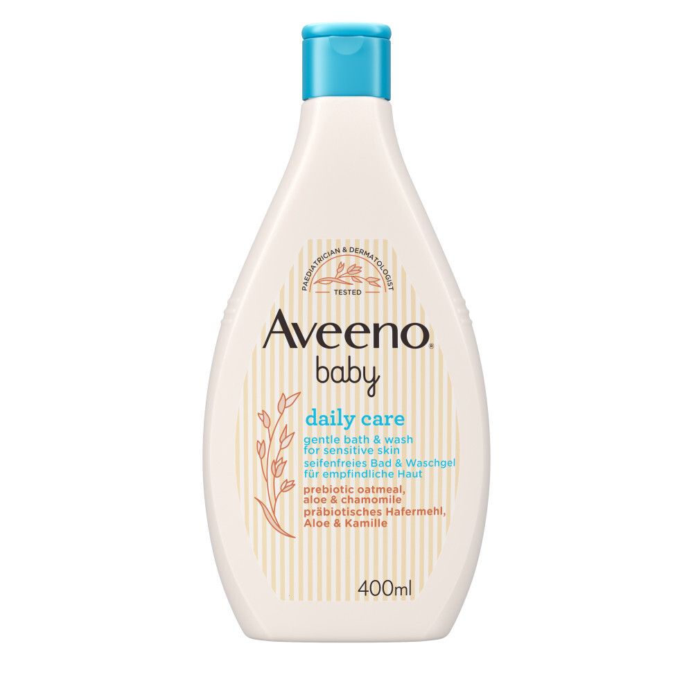 Flasche Aveeno Baby Daily Care. Weißes Etikett mit Logo, Produktname, Inhaltsstoffen und dermatologischer Testung. Hellblauer Deckel.