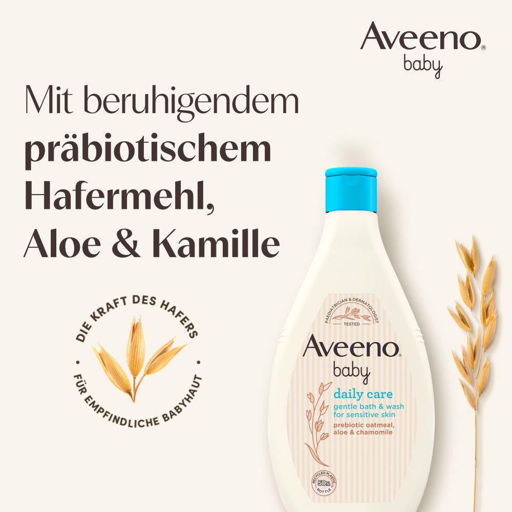 Aveeno Baby Daily Care Waschgel und Haferähre. Text: Mit beruhigendem präbiotischem Hafermehl, Aloe & Kamille.