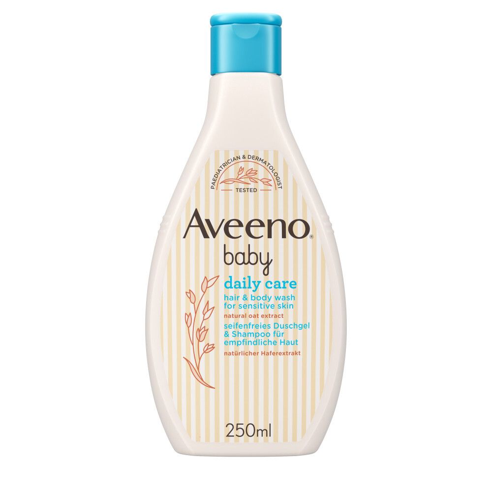 Aveeno Baby Daily Care Duschgel & Shampoo. Flasche mit blauem Deckel. Aufschrift: Daily Care, für empfindliche Haut.
