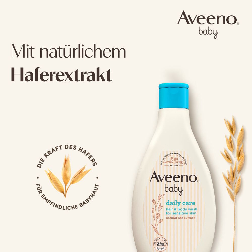 Aveeno Baby Daily Care Duschgel & Shampoo. Text: Mit natürlichem Haferextrakt. Logo: Die Kraft des Hafers.