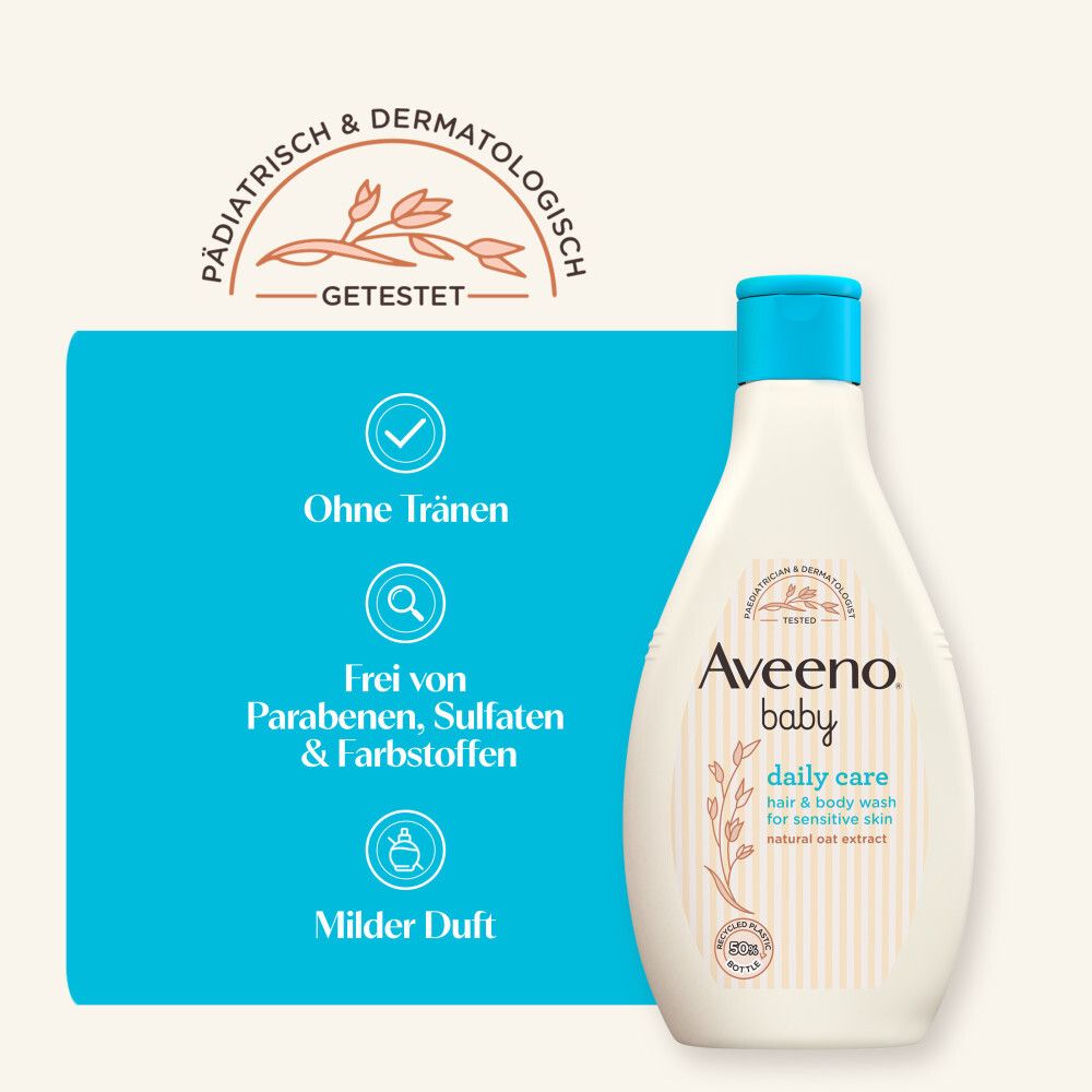 Aveeno Baby Daily Care Duschgel & Shampoo. Text: Ohne Tränen, frei von Parabenen, Sulfaten & Farbstoffen. Milder Duft.