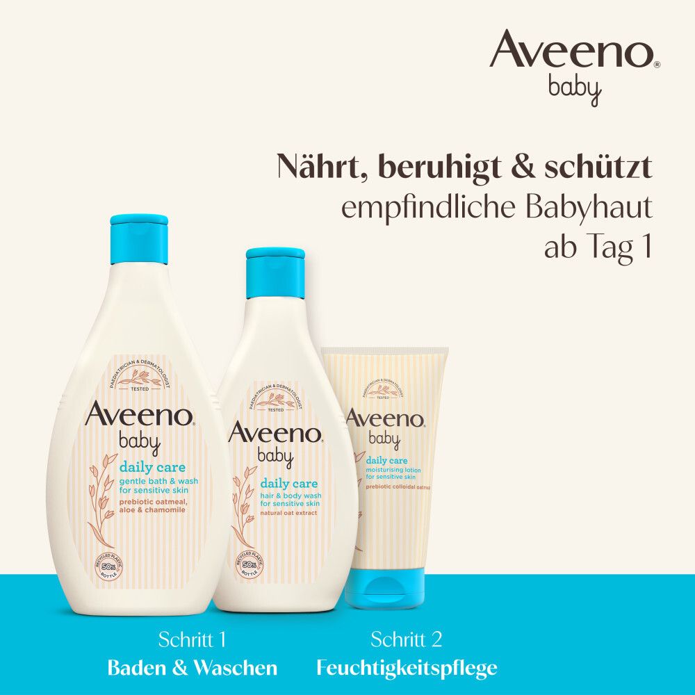 Drei Aveeno Baby Produkte. Text: Nährt, beruhigt & schützt empfindliche Babyhaut ab Tag 1. Schritte: Baden & Waschen, Feuchtigkeitspflege.