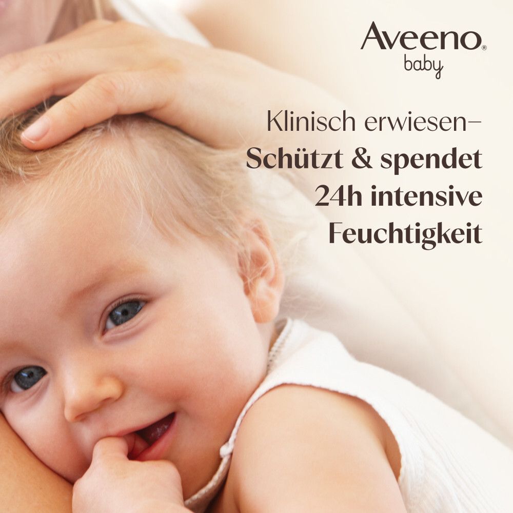 Baby mit Hand auf Kopf. Text: Klinisch erwiesen - Schützt & spendet 24h intensive Feuchtigkeit. Aveeno Baby Logo.