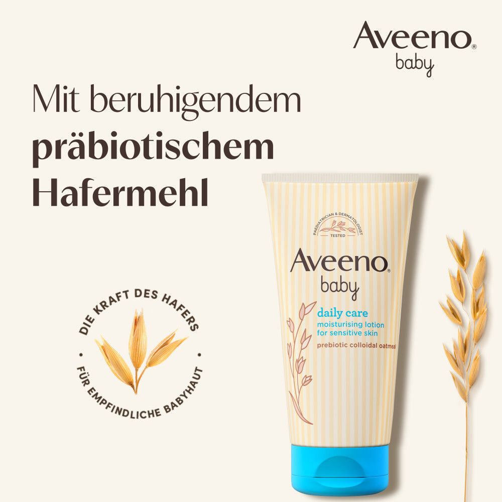 Aveeno Baby Lotion mit Hafermehl. Text: Mit beruhigendem präbiotischem Hafermehl. Logo und Haferähren.