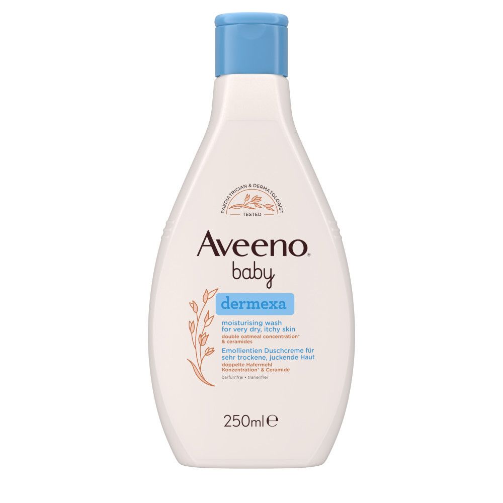 Aveeno Baby Dermexa Duschcreme. Weiße Flasche mit blauem Deckel. Text: Aveeno Baby, Dermexa, 250ml.