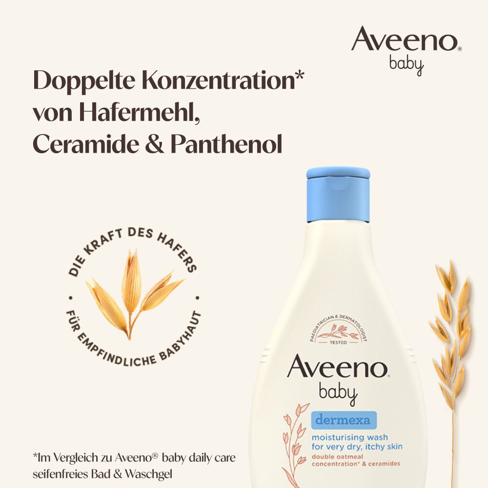 Aveeno Baby Dermexa Duschcreme. Text: Doppelte Konzentration von Hafermehl, Ceramide & Panthenol.
