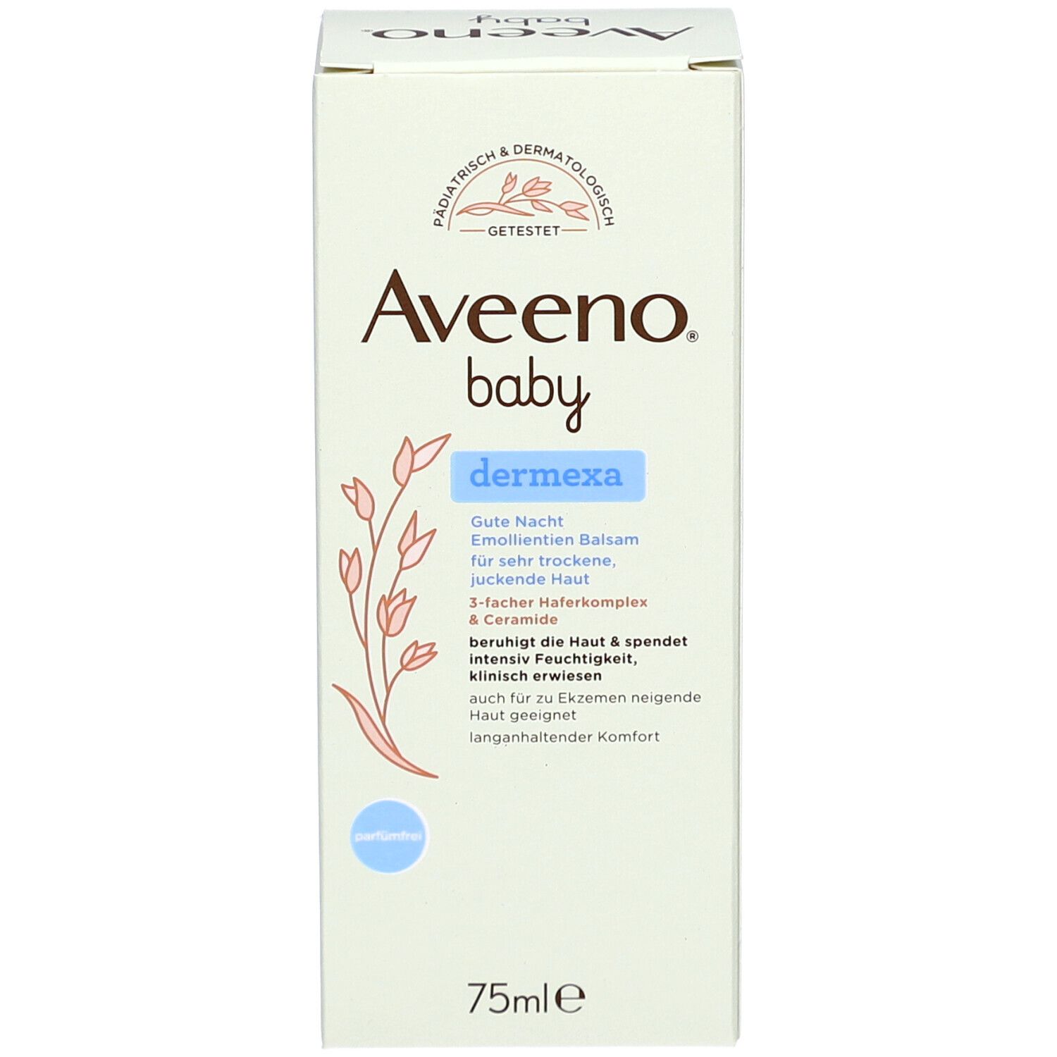 Produktkarton. Aufschrift: Aveeno Baby Dermexa Gute Nacht Emollient Balsam. 75ml.