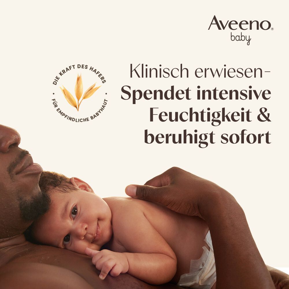 Ein Mann hält ein Baby. Text: Klinisch erwiesen - Spendet intensive Feuchtigkeit & beruhigt sofort. Aveeno Baby Logo.