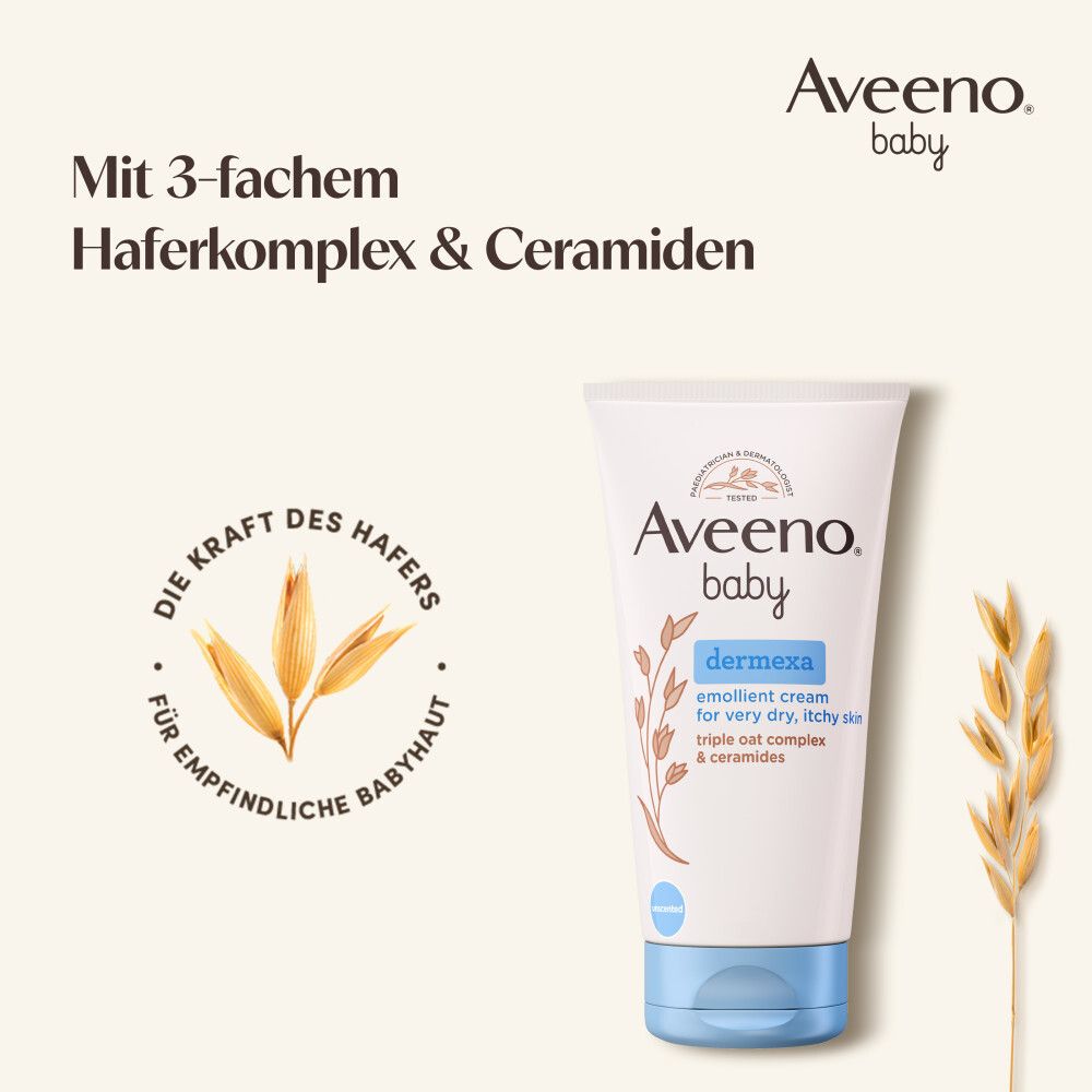 Aveeno Baby Dermexa Creme Tube. Text: Mit 3-fachem Haferkomplex & Ceramiden. Logo: Die Kraft des Hafers. Für empfindliche Babyhaut.
