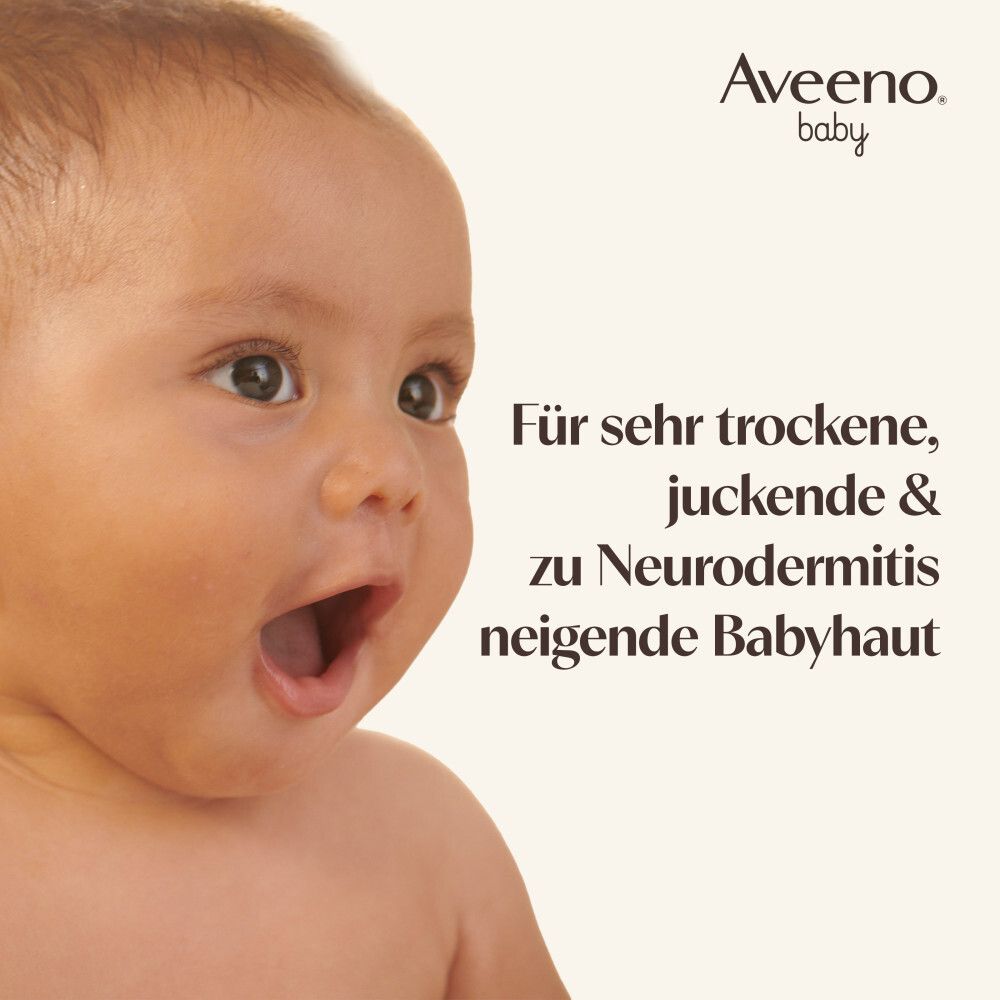 Baby mit offenem Mund. Text: Für sehr trockene, juckende & zu Neurodermitis neigende Babyhaut. Aveeno Baby Logo.